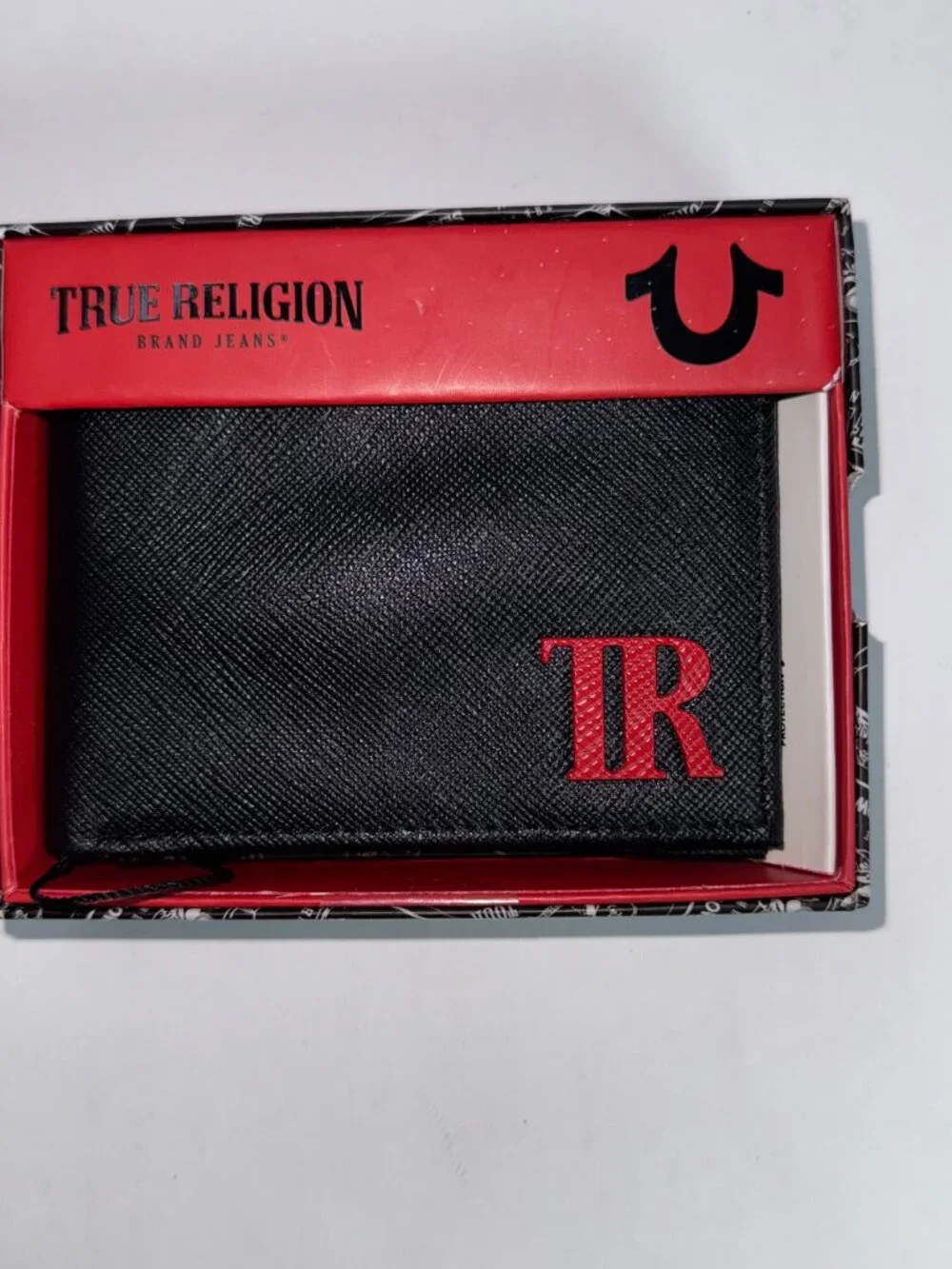 TRUE RELIGION Black Leather Bifold Wallet Logo Boxed RFID Gift for Men NWT